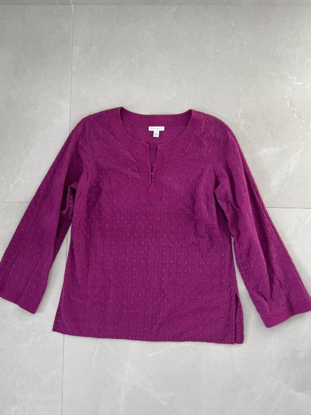 Charter Club Magenta Purple 100% Cotton Eyelet Split Neck Tunic Top (Size 14)